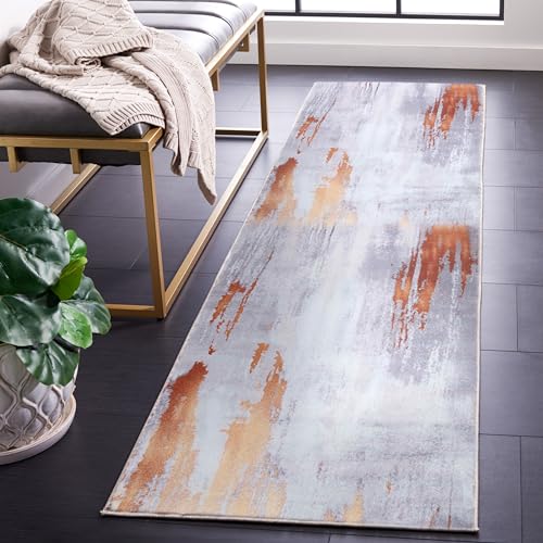 Safavieh Abstract Rug Ideal for High Traffic Areas - Machine Washable and Non Slip - Tacoma Collection, Short Pile, in Grey and Red, 76 X 244 cm