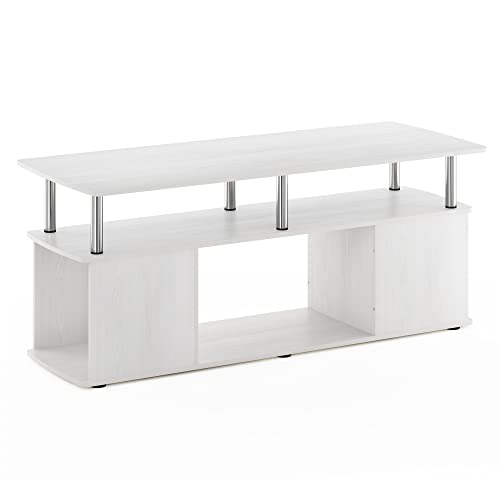 Furinno JAYA TV Stand, Entertainment Center, TV Console for TV up to 50 Inch with Open Storage Compartment, for Living Room, Bedroom, White Oak/Stainless Steel Tubes