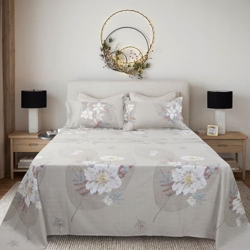 "Helthep Floral Twin Sheet Set, 100% Cotton Floral Bed Sheets Printed Sheets Twin with 17.5"" Deep Pocket, 4 Pieces Gray Flower Sheets for Twin Size Bed"