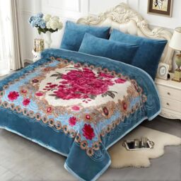 "JYK Korean Mink Fleece Flannel Blanket Queen Size 75"" x 87"", 5 Pounds - 2 Ply Reversible Silky Soft Plush Warm, Comfy Blanket for Autumn, Winter - Blue/Peony"