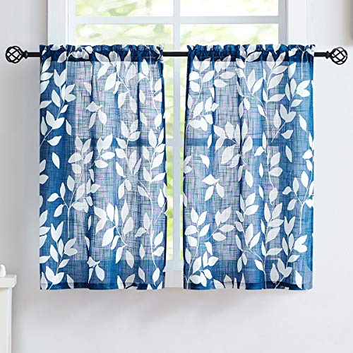 "Treatmentex Blue White Kitchen Curtains 24"" Small Tier Curtains Bathroom Basement Window Curtain Set Navy Leaf Print 2 Panels"