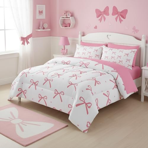 Pink Bow 7 Pieces Comforter Set Queen Size,Bowknot Bedding Set for Kids Teens Girls-Include 1 Comforter,1 Fitted Sheet,1 Flat Sheet,2 Printing Pillowcases and 2 Pink Pillowcases
