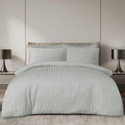 Sleepdown Soft Hotel Quality 225 THREAD COUNT COTTON Satin Stripe Duvet Cover Set With Pillowcases in Silver - Super King