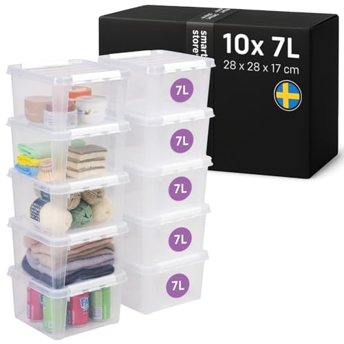 SmartStore Storage Boxes with Lids - 10x 7L box - 28x28x17cm - Stackable plastic storage box with lid for shoe, toy & craft storage - clear food-safe plastic boxes - storage containers