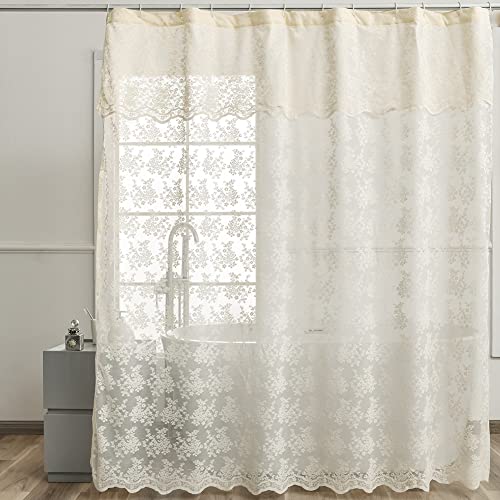 YJ YANJUN Ivory Lace Shower Curtain - Shabby Chic Flower Shower Curtain with Attached Valance, Luxury Lace Curtain for Bathroom, Farmhouse Shower Curtains, 72 x 72 Inch, Light Beige