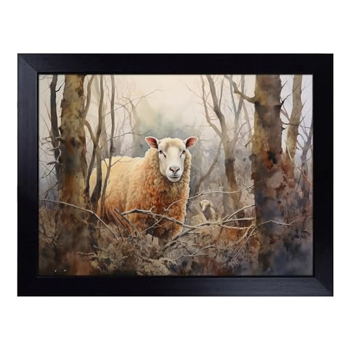 Lap Tray with Bean Bag Cushion, Sheep Watercolour - Handmade in the UK, Raised Wooden Edge, Padded Cushion, Heat-Resistant Wipe-Clean Surface, for Meals, Laptops and Crafts
