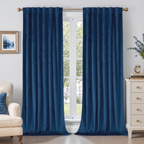 BGment Blue Velvet Curtains 90 Inches for Living Room, Thermal Insulated Blackout Curtains Room Darkening Drapes with Back Tab and Rod Pocket for Bedroom, Set of 2 Panels, 52 x 90 Inch