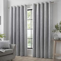 "Curtina - Luxury Silver Curtains W66 x L72"" (168 x 183cm) - Silver Geometric Curtains - Eyelet Curtains in Silver - Jacquard Curtains & Drapes for Bedroom/Living Room - Silver Leaf/Leaves Curtains"