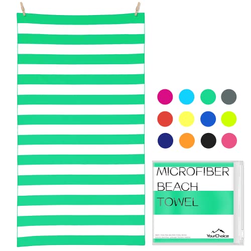 Your Choice Microfiber Beach Towel Sand-Free Quick Dry 67x35 Green Stripe - Oversized Compact Lightweight Recycled Towel, Ideal for Pool, Camping, Travel & Beach Days