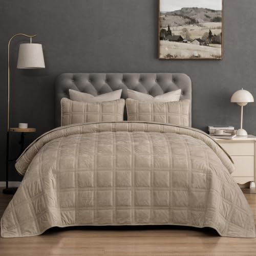 "PHF Ultra Soft Velvet Quilt Set King Size ??? 3PCS Luxurious Cozy Quilted Comforter Alternative with Diamond Pattern, Warm Quilted Bedspread Coverlet, 108"" x 92"", Oxford Tan"