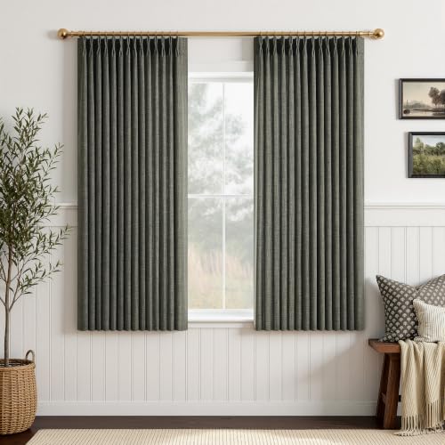 63 Inch Short Olive Green Linen Curtains 2 Panel Set for Small Windows,Pinch Pleated Ktichen Rustic Country Linen Cotton Light Filtering Drapes Privacy Back Tab Semi Sheer Curtains 63 Inches Length