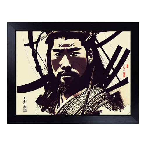 Lap Tray with Bean Bag Cushion, Samurai Portrait - Handmade in the UK, Raised Wooden Edge, Padded Cushion, Heat-Resistant Wipe-Clean Surface, for Meals, Laptops and Crafts