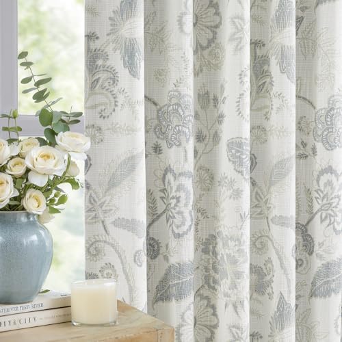 "Kayne Studio Botanical Print Blackout Curtains Blue Grey Floral Leaf Farmhouse Drapes Thermal Insulated Light Blocking Window Treatments for Living Room Bedroom Pinch Pleated Back Tab,40""x84"",2 Panels"