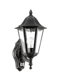 Eglo Navedo 1-Bulb Outdoor Wall Lamp, 6 Panel Lantern incl. Motion Detector, Made of Cast Aluminium and Glass, Colour: Black, Silver Patina, Socket: E27, IP44