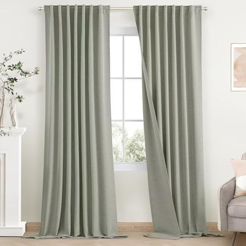 SimpleHome 100% Blackout Linen Sage Green Living Room Curtains 52 W x 108 L - Farmhouse Back Tab Living Room Curtains,Textured Rod Pocket Bedroom Curtains,2 Panels Room Darkening Curtains,108 Inches Long