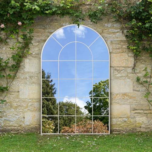 "MirrorOutlet The Arcus - White Framed Window Modern Full Length Arched Garden Mirror 75"" X 47"" (190CM X 120CM) Silver Mirror Glass with Black All weather Backing."