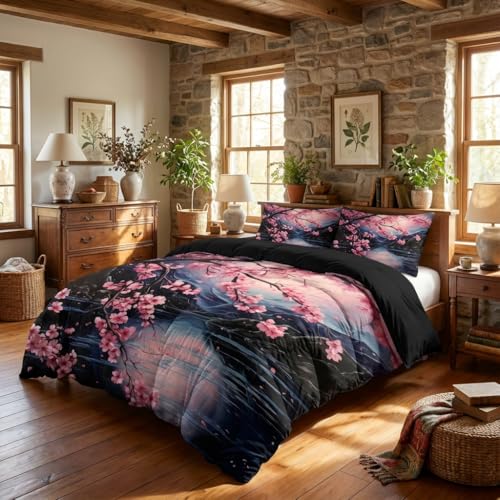 CCoutueChen Pink Cherry Blossom Comforter Set King Women Black Floral Bedding Japanese Style Comforter Aesthetics Botanical Flowers 3Pcs Soft Lightweight Bedroom Decor Quilt Set