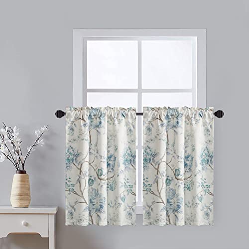 Leeva Classical Blue Kitchen Curtain Tiers 24 Inch Length Flower Botanical Half Window Curtains for Living Room Light Filtering Rod Pocket Short Solid Window Treatment, 2 Pieces, 30 x 24