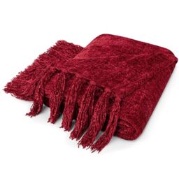 PAVILIA Chenille Tassel Fringe Throw Blanket - Velvety Texture Decorative Twin Size Blanket for Sofa Couch Bed - Soft Silky Cozy Lightweight Knitted Throw - Wine Red 60 x 80 Inches