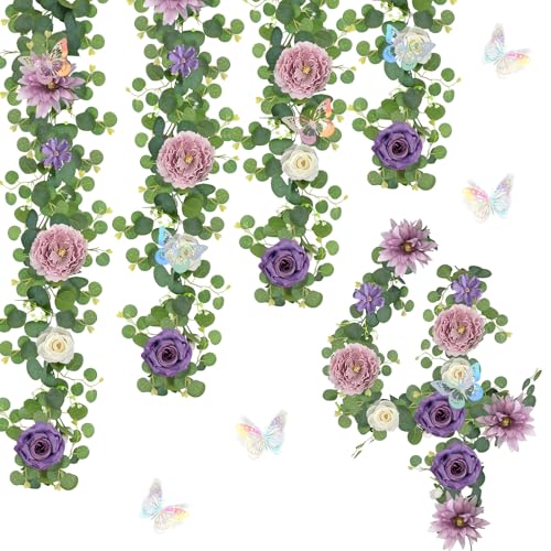 HOMENERGY 4 Pack 5.9 FT Artificial Flower Garland with Butterflies Fake Rose Garland Faux Greenery Eucalyptus Garlands for Wedding Table Backdrop Arch Centerpieces Decorations - Light Purple & Purple