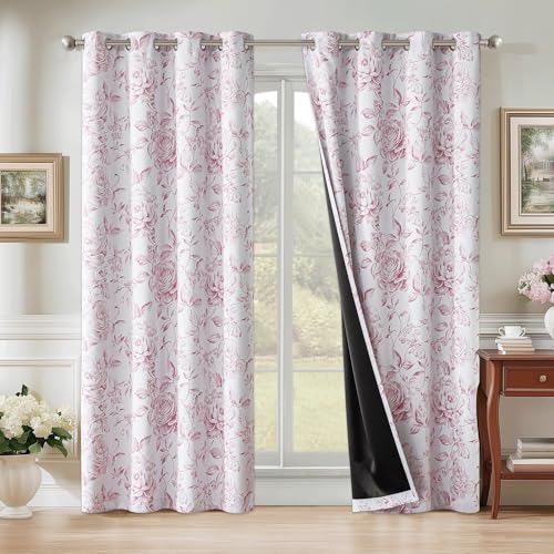 Beauoop Floral 100% Blackout Curtains 72 Inches Long 2 Panels for Bedroom Living Room Pink White Farmhouse Dusty Rose Flower Patterned Room Darkening Thermal Grommet Window Treatments Drapes, 50X72