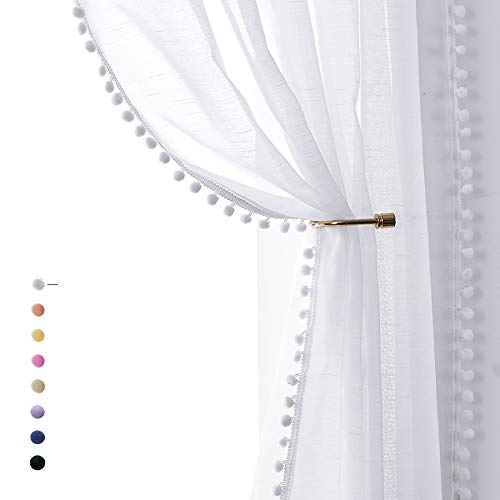 "Treatmentex Snow White Sheer Curtains 95"" Bedroom Decorative Pompom Trimmed Voile Window Curtain for Living Room Linen Look 2 Panels"