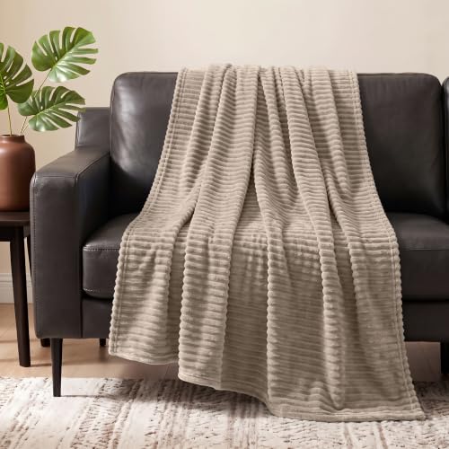PAVILIA Super Soft Fleece Throw Blanket Taupe Tan Camel, Luxury Fuzzy Plush Flannel Throw, Warm Cozy Ribbed Microfiber Blanket for Sofa Couch Bed, Lightweight Striped Blanket, Taupe, 50x60