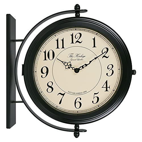 Bestime Black Finish 16inch Double Sided Wall Clock Wrought Iron, Metal, Sturdy Frame, Easy Read Two Faces Station Clock for Garden Home Décor Indoor Outdoor Living Room Study Wall Decoration