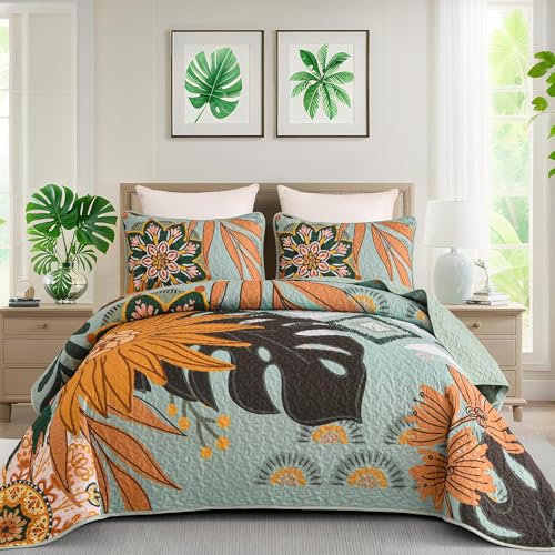 DJY Boho Floral Quilt Set Queen Size Botanical Sage Green Bedspread Coverlet 3 Piece, Reversible Lightweight Farmhouse Bohemian Leaves Microfiber Bedding Quilts Set for All Season, 90''x96''