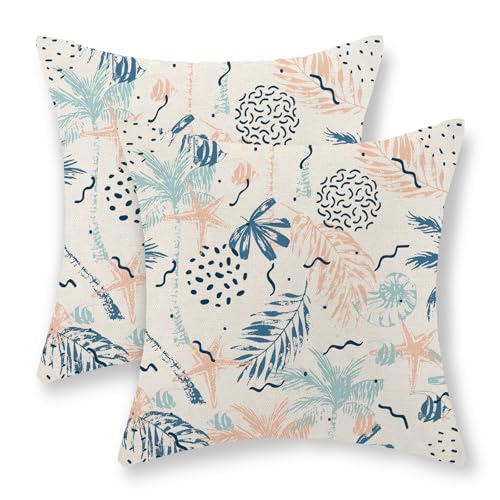 Summer Pillow Covers 18x18 Set of 2 Blue Orange Tropical Seashell Starfish Palm Leaf Throw Pillows Art Botanical Decorative Pillowcase Linen Outdoor Farmhouse Cushion Case for Couch Sofa Decor
