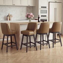 Bar Stools Set of 4, 360° Swivel Upholstered Counter Stools with Back, Wooden Frame Kitchen Bar Chairs with Nailhead Trim, Counter Height for Kitchen Island, Breakfast Bar, Dining Room,Brown