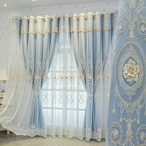 Amidoudou 1 Pair European Double Layer Curtains for Living Room Bedroom 3D Flower Embroidered Curtains with Valance (Blue,51x84 Inch)