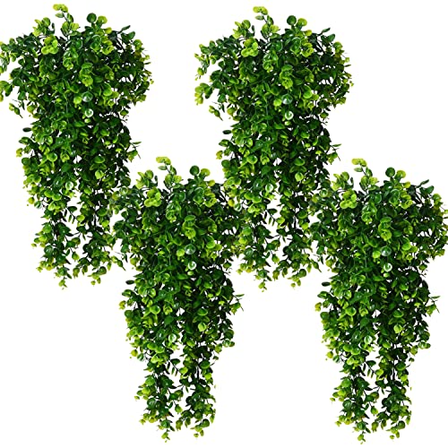 Toprooms 4 Pcs Fake Hanging Plant,Faux Eucalyptus Leafs Greenery Vine Plant Faux Plants Fake Plants Ivy Room Decor Outdoor UV Resistant Plastic Plant