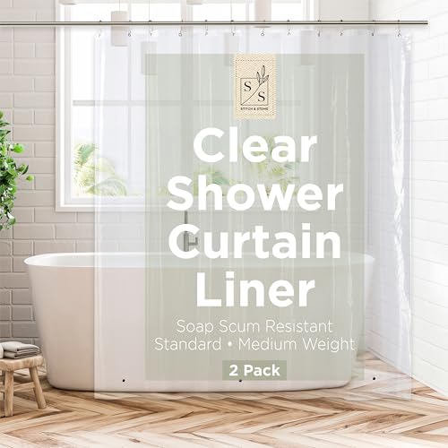 "Stitch & Stone Shower Curtain Liner, Premium Medium Weight Durable Waterproof 6g PEVA for Bathroom with Weighted Magnets, Standard Size 72"" x 72"", Clear 2 Pack"