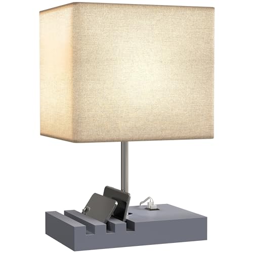 HOMCOM Bedside Lamp with USB A+C Charging Ports and 3 Phone Stands, Modern Table Lamp with Solid Wood Base and Fabric Shade for Bedroom Living Room Office, E27 Socket, Bulb Not Included, Grey
