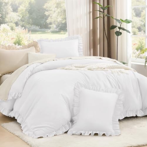 Litanika Twin Comforter Set, 2 Pieces White Ruffle Bedding Set - Farmhouse Shabby Chic Aesthetic Soft Fluffy Lightweight Breathable Bed Set for Girls Women Room Decor Gift All Season