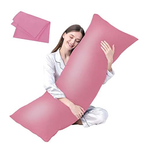 "DOWNCOOL Luxury Full Body Pillow Insert with Fiber Cover - Ultra Soft Body Pillow for Sleeping - Breathable Long Bed Pillow Insert, 20""x54""(Pink, with Cover)"