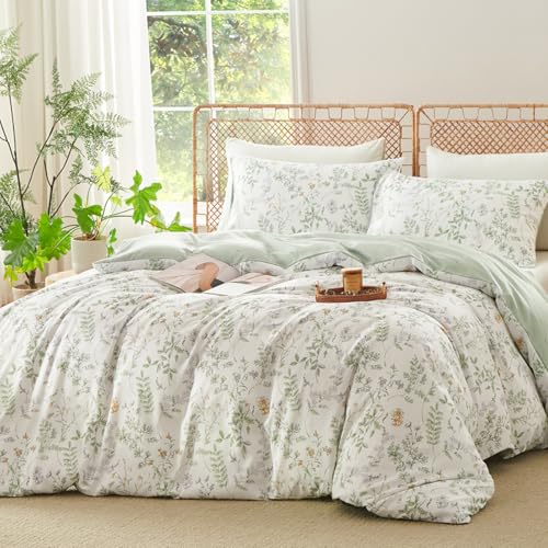 CCoutueChen Botanical Duvet Cover King Sage Green Reversible Floral Bedding Set Farmhouse Leaf Bedding 3Pcs Modern Aesthetic Duvet Covers with Zipper Closure Ultra Soft Microfiber