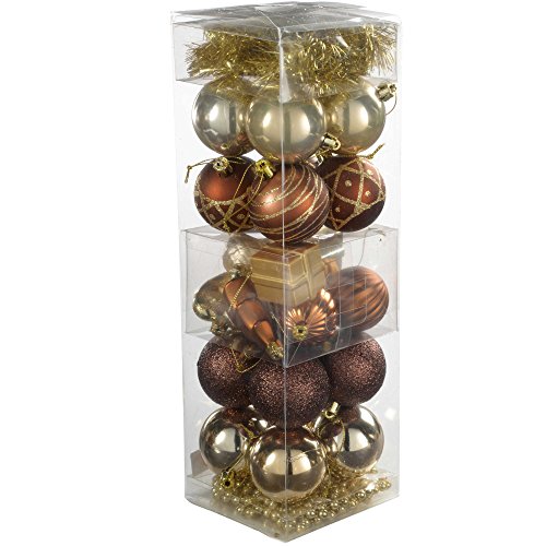 WeRChristmas 28 Variety Christmas Tree Baubles Decoration Pack with Tinsel Beads, Brown/Bronze/Gold