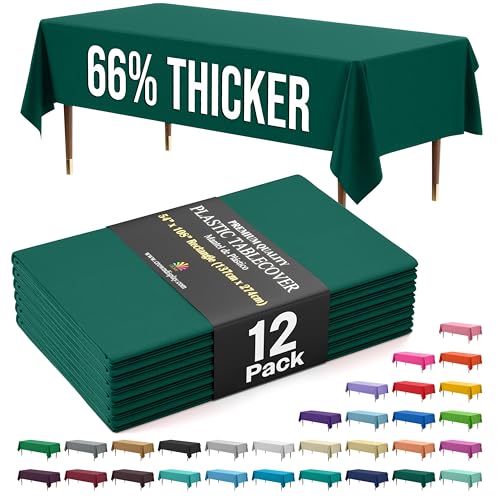Exquisite 66% Thicker Premium Plastic Table Cloth Rectangle Table Cover 0.5 Mil 12 Pack Dark Green Table Cloth 54 Inch x 108 Inch reusable Tablecloth Won't Tear Easily Like Cheap Thin Brands