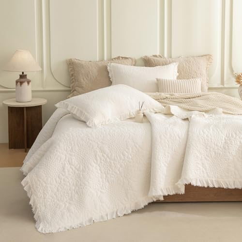 "QSH 3PCs White Oversized King Quilt Bedspread Set(120""x120""),Stonewashed Cotton Ruffled Quilt California King,Ultra Soft Lightweight Crinkled Shabby Bedspread Coverlet Bedding Set for All Seasons"