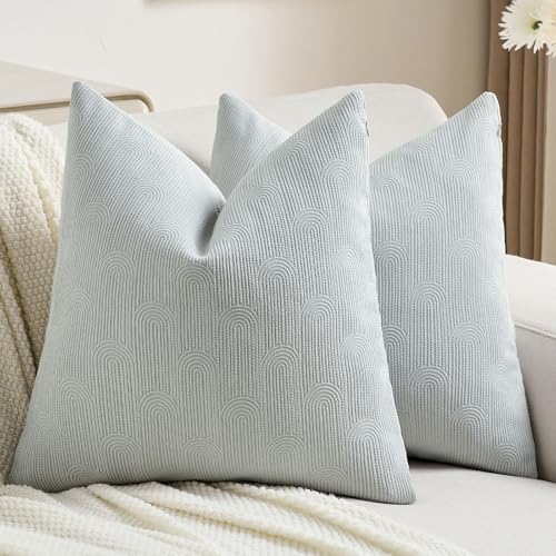 FUTEI Pack of 2 Chenille Decorative Throw Pillow Covers 18x18 Inch,Soft Cozy Striped Geometric Patterns Cushion Case,Modern Home Decor for Couch Bed Living Room,Light Grey
