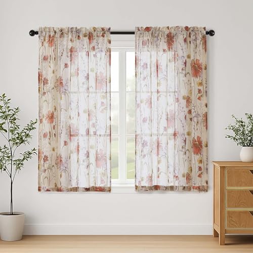 "Lecloud Crushed Sheer Curtains 45 Inch Length 2 Panels, Light Filtering Printed Textured Window Curtains, Rod Pocket Romantic Semi Sheer Curtain for Bedroom Dining Room, 42"" W x 45"" L"