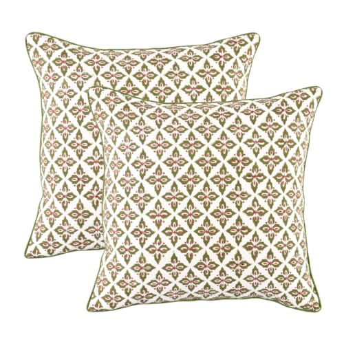 CPC Throw Piping Pillow Covers for Couch, 20x20 Inch Pillows for Living Room, 100% Cotton Boho Cute Outdoor Pillows, Flower Cusion Covers Gift for Christmas, Thanksgiving - Farmhouse Verde Trellis