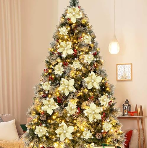 15 Pieces Christmas Glitter Artificial Poinsettia Flowers Decorations Large Size - 8.7Inches Xmas Tree Ornaments with Clips (Gold)