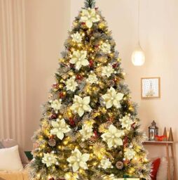 15 Pieces Christmas Glitter Artificial Poinsettia Flowers Decorations Large Size - 8.7Inches Xmas Tree Ornaments with Clips (Gold)