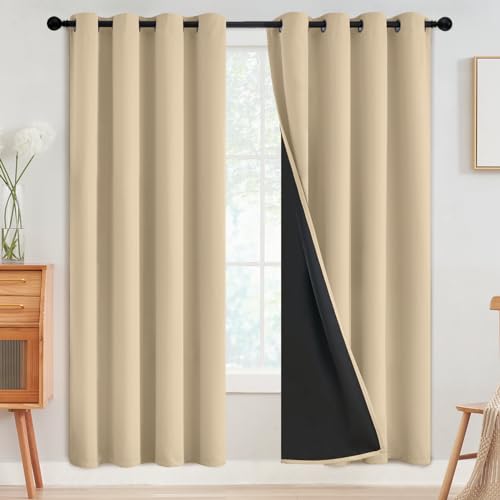 SimpleHome Beige 100% Blackout Curtains Room Darkening Living Room 72 Inch - Curtains for Bedroom,Thermal Insulated Grommet Window Drapes,Curtains for Living Room with Black Back,52 x 72 Inch,2 Panels