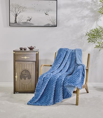 Miracle Home. Fleece Blanket Reversible Microfiber Pearl Flannel Velvet and Sherpa 280GSM-180GSM, Soft, Warm and Lightweight, Machine Washable, 130 X 160, Blue