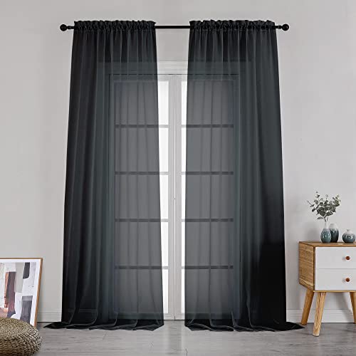 "Simplebrand Black Sheer Curtains 108 Inches Long, Extra Long Rod Pocket Solid Color Window Sheer Curtain Panels, Elegant Curtains & Drapes for Living Room, Bedroom 2 Panels (Black, 42"" W x 108"" L)"