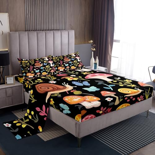 Manfei Botanical Sheet Set Queen Size Mushroom and Snail Print Bed Sheet Set 4pcs with Deep Pocket Fitted Sheet + Flat Sheet + 2 Pillowcases Leaf Flower Print Bedding Set for Kids Boys Girls